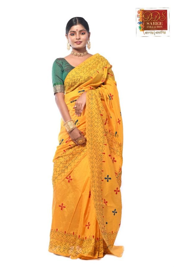 Yellow Handloom Kantha Stitch Saree-0