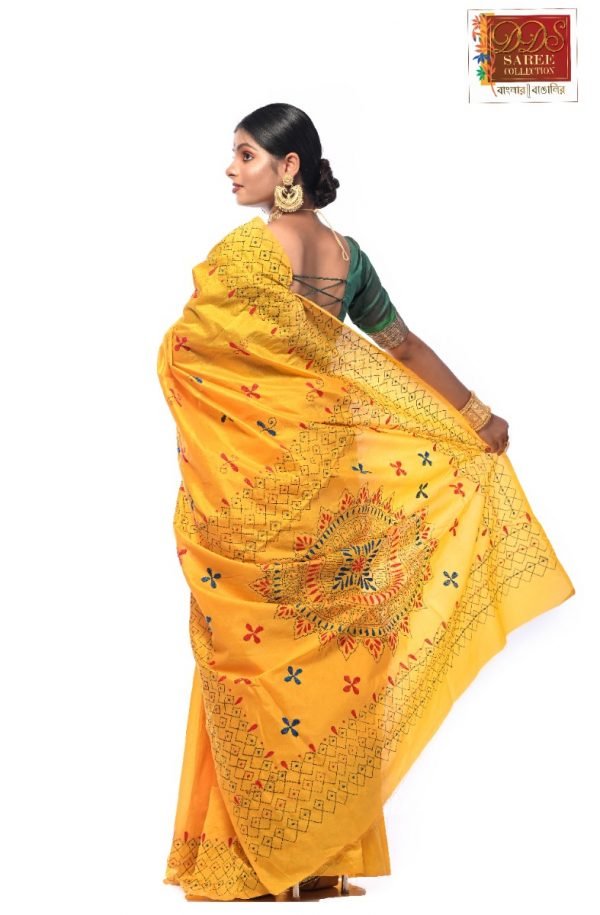 Yellow Handloom Kantha Stitch Saree-129