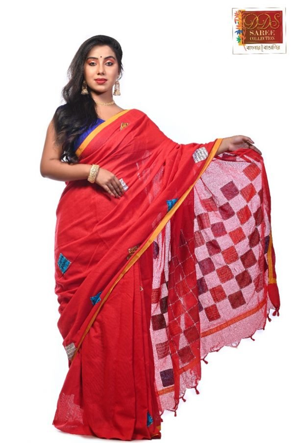 Red Applique Khadi Cotton Saree-197