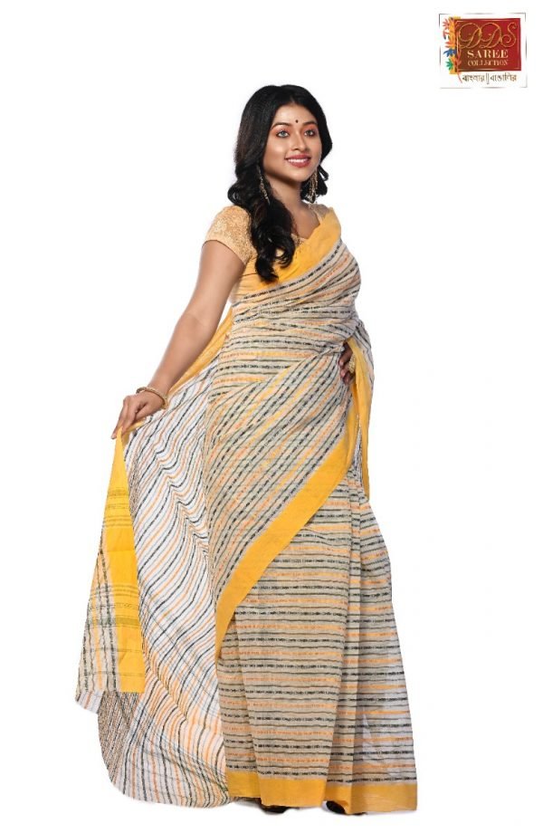 Off-white and Yellow Dhaniakhali Tant Saree-242