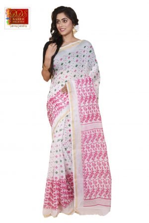 White and red colour Printed Silk Saree